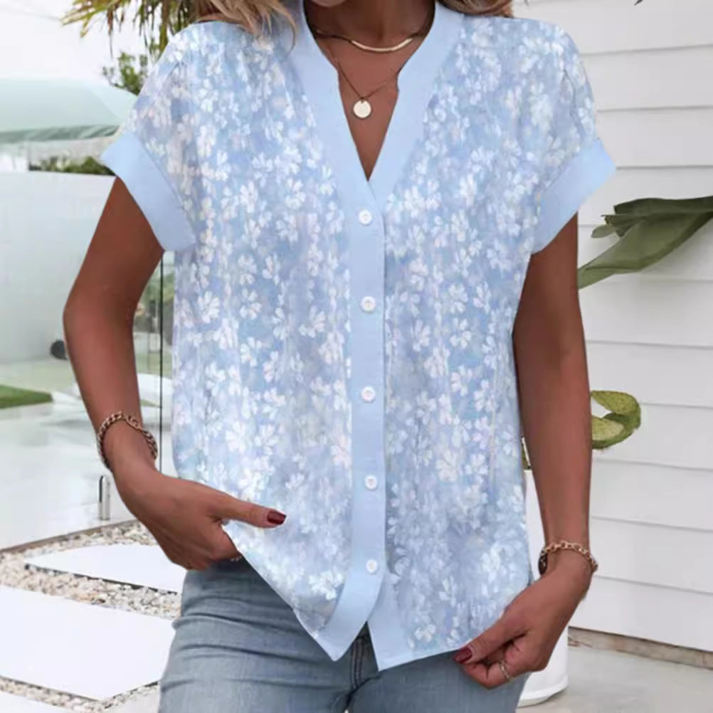 Dame bluse top med blomster mønster og korte ærmer Stilla