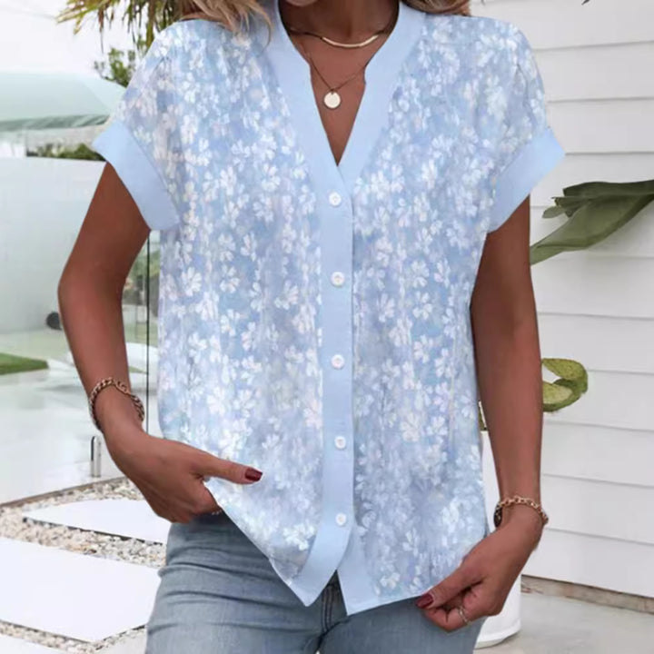Dame bluse top med blomster mønster og korte ærmer Stilla