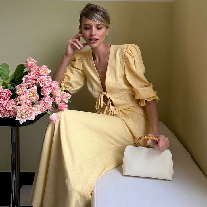 Dame maxikjole med peplum og dyb V-udskæring Stilla