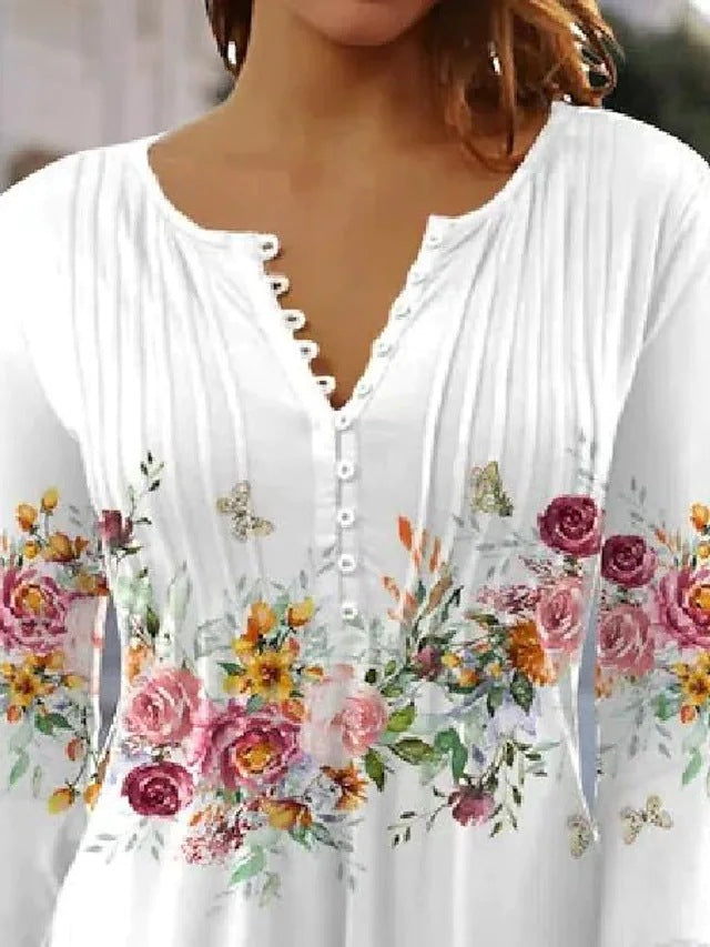 Dame nan luftig tunika-bluse med akvarel blomsterbånd, kælderfolder og trekvartærmer Skovae