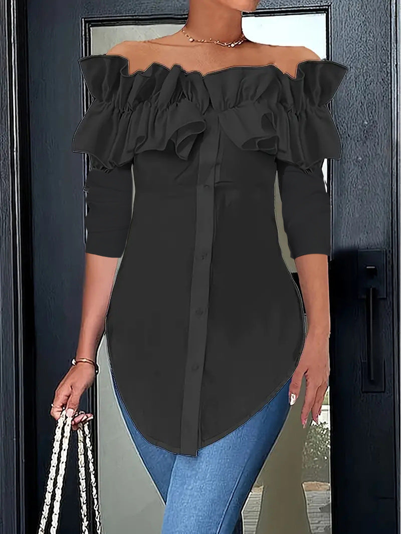 Dame Off-Shoulder Bluse med ruffles og knapdetaljer Stilla