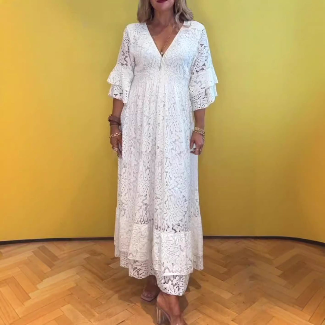 Dame nan Boho-spids-maxikjole med V-udskæring, underbust-syning og lagdelt flæseærmer Skovae