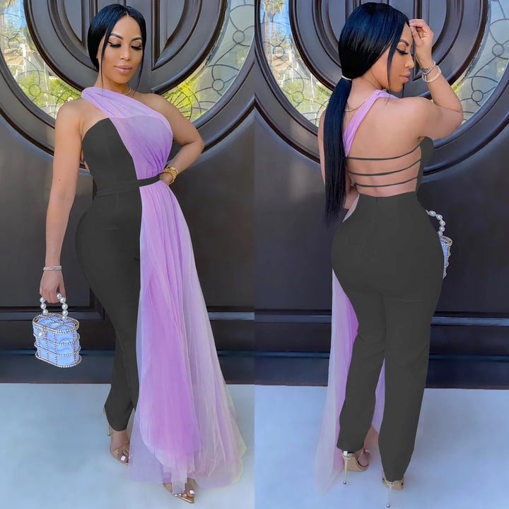 Dame Elegant One-Shoulder-Overall med flydende Tulleoverlay Stilla