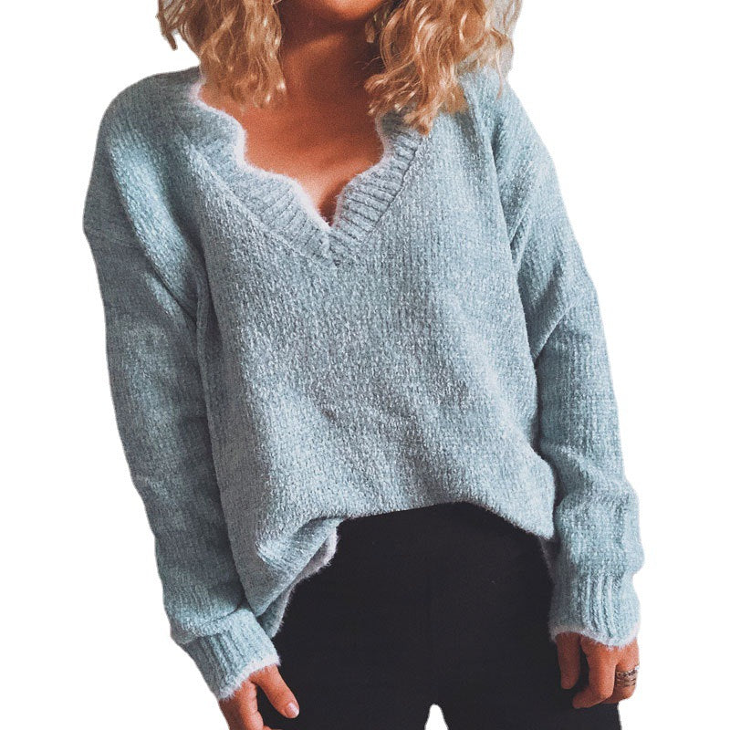 Dame afslappet strik pullover med V-hals og struktureret stof Stilla