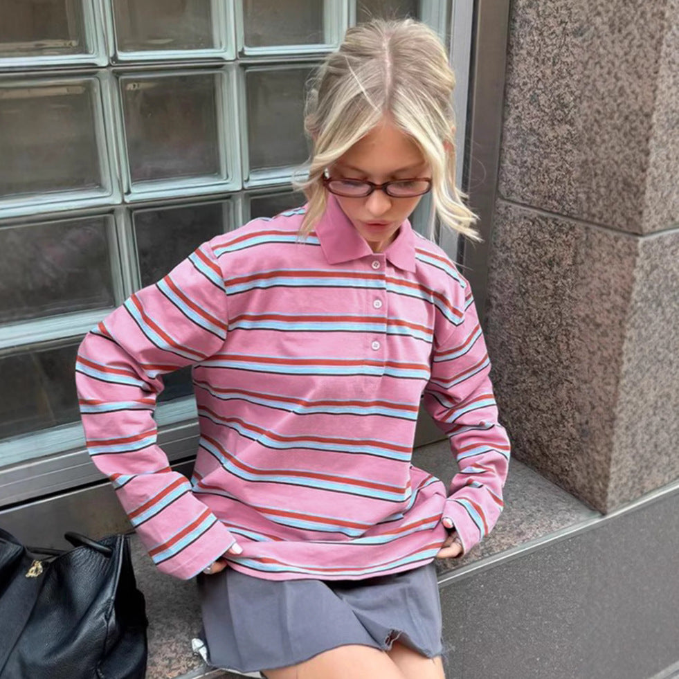 Dame Langærmet Poloshirt med stribet design og klassisk krave Stilla
