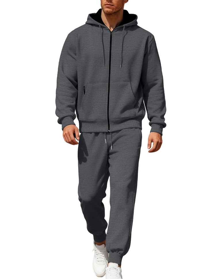 Herren nan hoodie sæt med gennemgående lynlås, kengurutaske og konisk joggingbukser med lynlåslommer Skovae