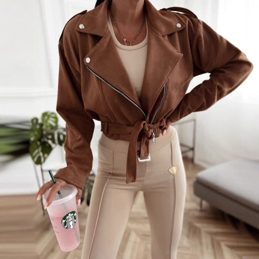 Damer elegant og fashionable faux læder bikerjakke med bælte Stilla