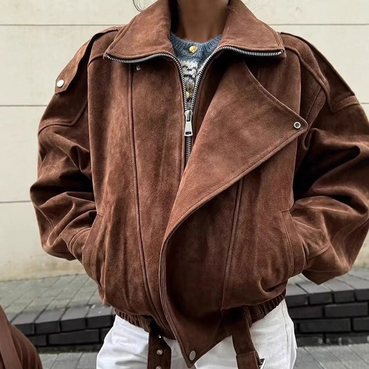 Dame trendy ruskindjakke med oversized snit og aftagelig krave Stilla