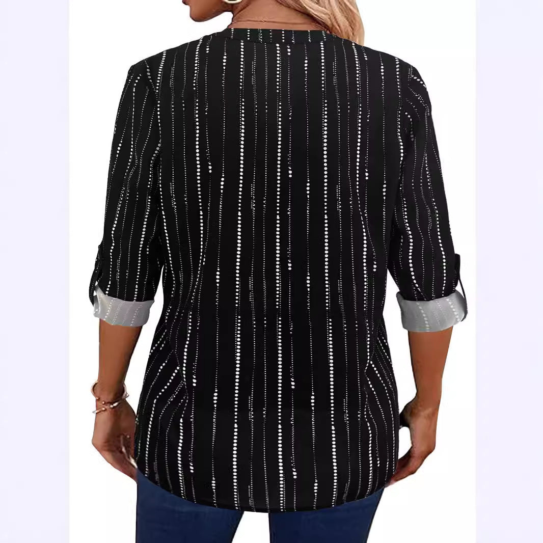 Dame langærmet bluse med elegant opstående krave og stribet mønster Stilla