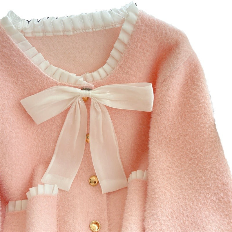 Dame Fluffy Cardigan med Elegant Sløjfe Krave og Dekorative Knapper Stilla