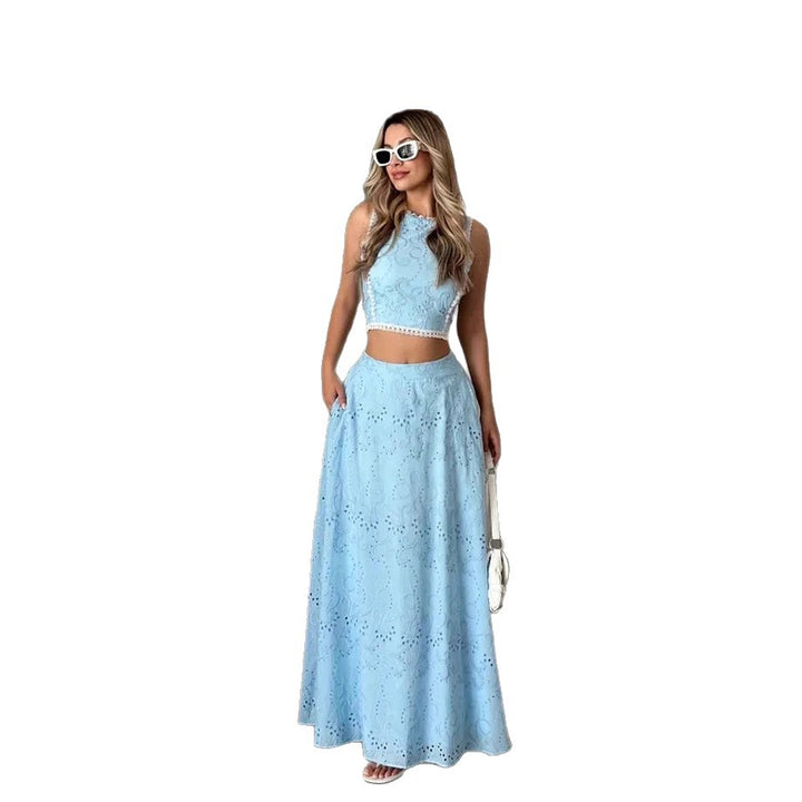 Dame maxi kjoler med fint mønster af broderede huller og trendy crop top Skovae