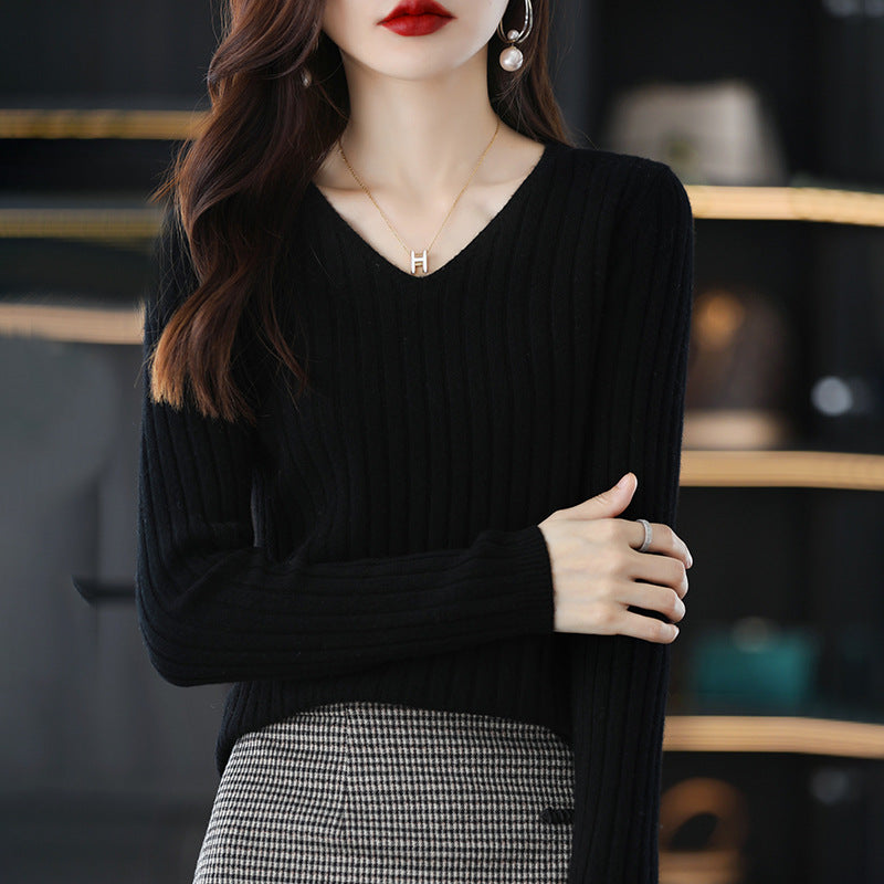 Femme Ribbet V-Udskæring Pullover Sweater Stilla
