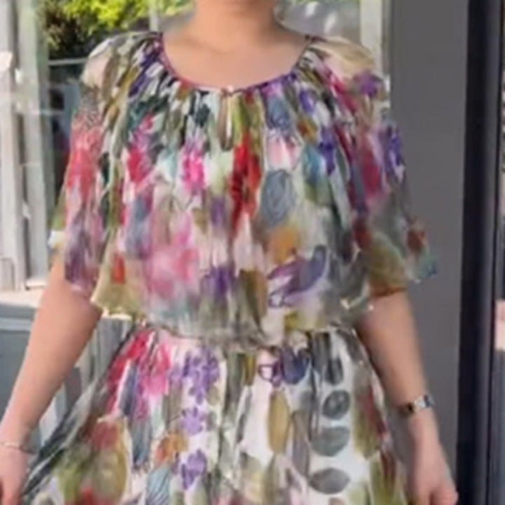 Dame nan luftig chiffon-maxikjole med blomsterprint, draperet rund halsudskæring og elastisk taljebånd Skovae