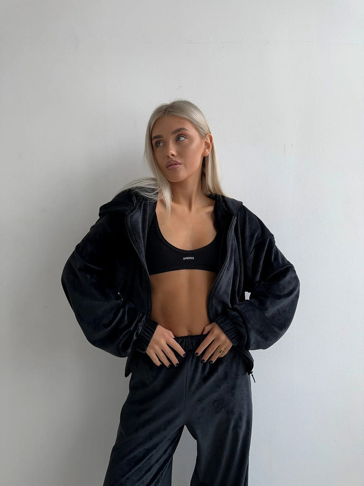 Dame sporty fleece træningsdragt med høj krave og brede ærmer Skovae