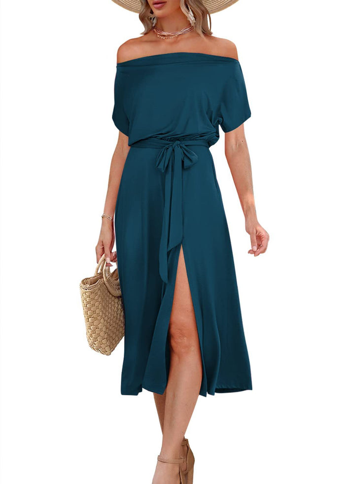 Dame elegant Midi-kjole med split og off-shoulder design Stilla