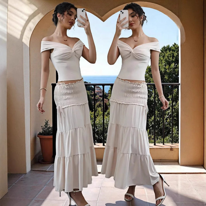 Dame Off-Shoulder Cut-Out Overdel og lagdelt Maxikjole Sæt Stilla