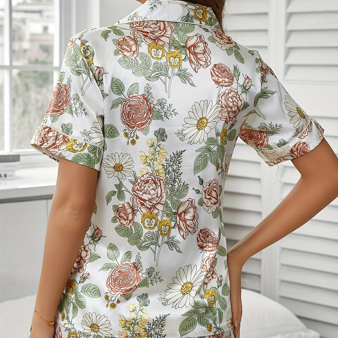 Femme Floral Print Korteærmet Pyjamas Sæt Stilla