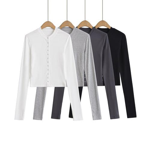 Dame cropped Langærmet skjorte med elegant knapliste og fint ribbet materiale Stilla