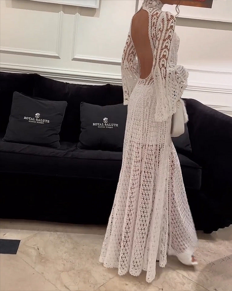 Kvinder Elegant Blonde Maxi Kjole med Høj Krave og Gennemsigtige Ærmer Skovae