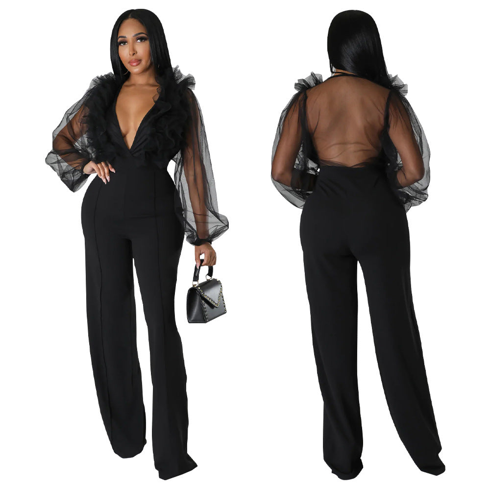 Dame Elegant Jumpsuit med voluminøse flæseærmer og højhalset krave Stilla