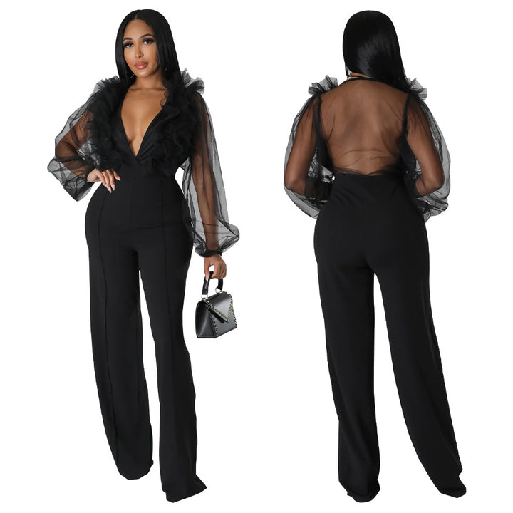 Dame Elegant Jumpsuit med voluminøse flæseærmer og højhalset krave Stilla