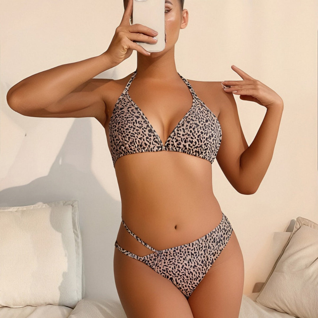 Dame triangel-bikini med justerbare stropper og moderne leopardmønster Skovae