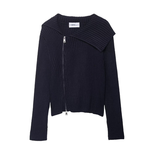 Dame stilfuld strikpullover med asymmetrisk krave og lynlås Stilla