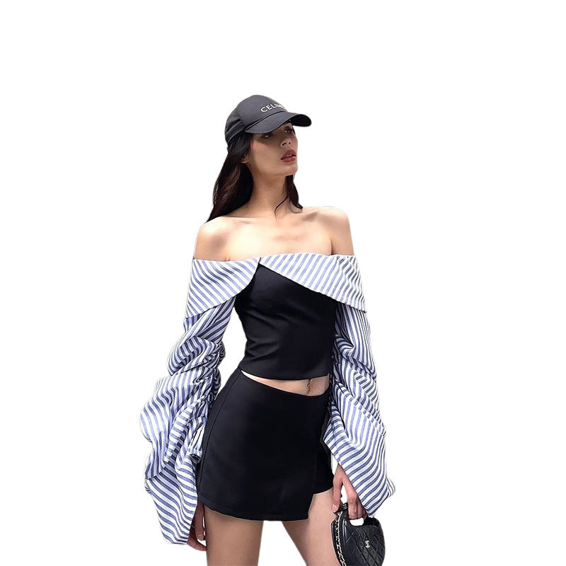 Dame Off-Shoulder Top med voluminøse flæseærmer og stribet design Stilla