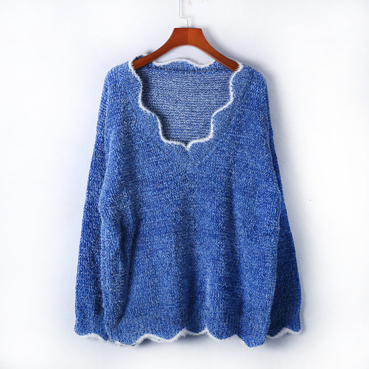 Dame afslappet strik pullover med V-hals og struktureret stof Stilla