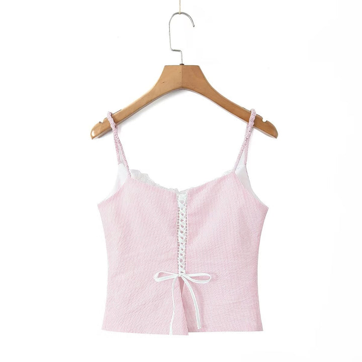 Dame bomuldsblanding crop-top med dekorerede stropper og sart spids kant Stilla