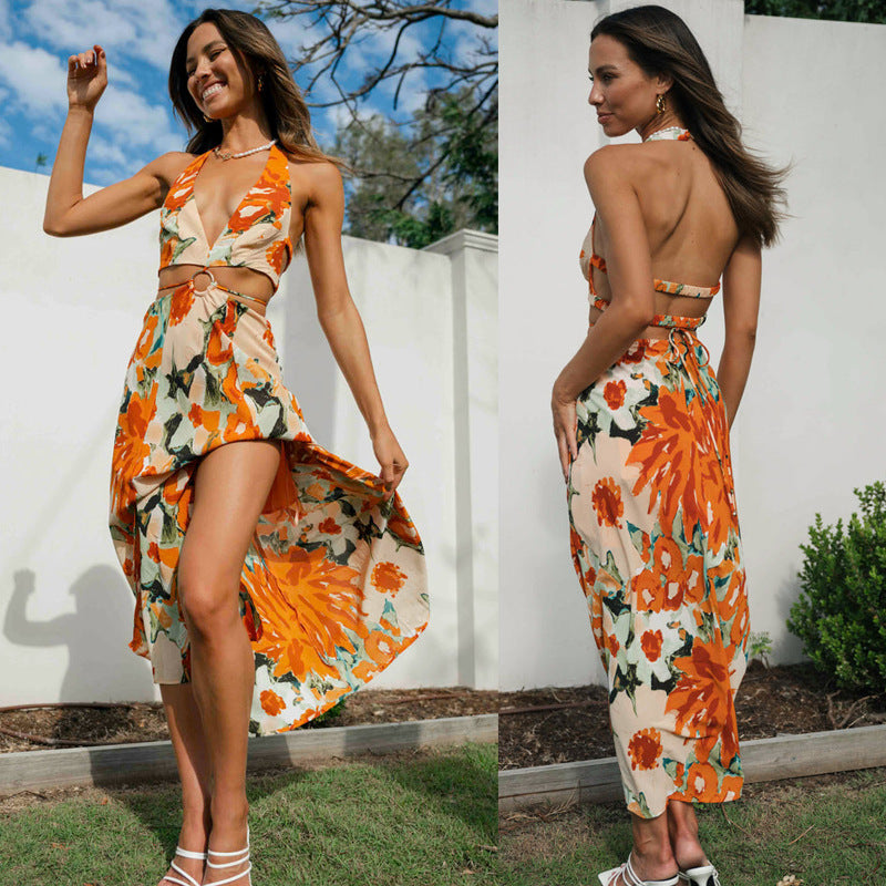 Dame maxikjole med trendy cut-out og blomster mønster Stilla