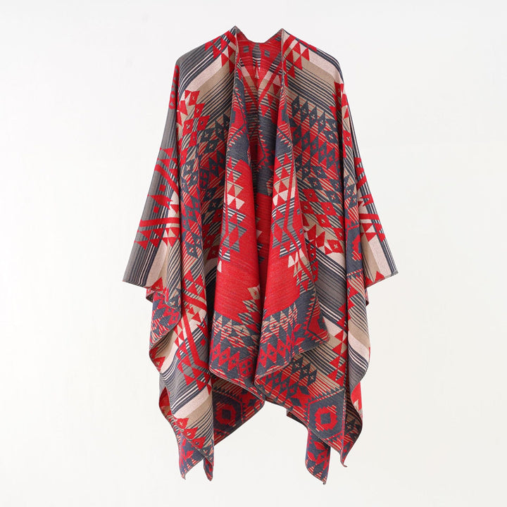 Dame Geometrisk Overhangsponcho med Varmt Materiale og Trendy Mønstring Skovae