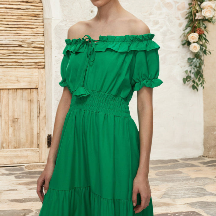 Dame Off-Shoulder Maxikjole med elastisk taljebånd og flæse detaljer Stilla