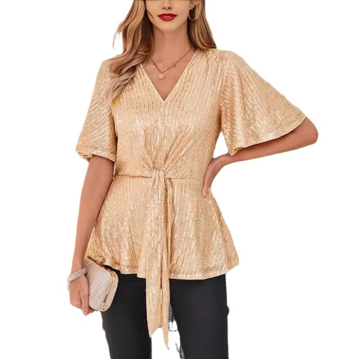 Dame indviklet bluse med glitrende palietbesætning og siden bindebælte Stilla