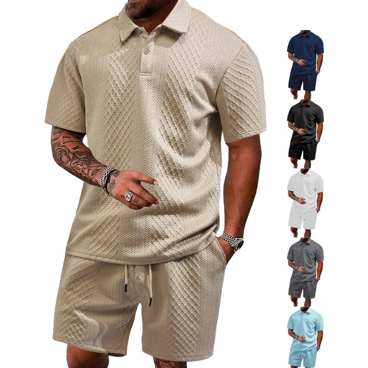 Herrer nan struktureret polo-shirt- og bermuda-shorts-sæt fra quiltet bomuldsblanding Skovae