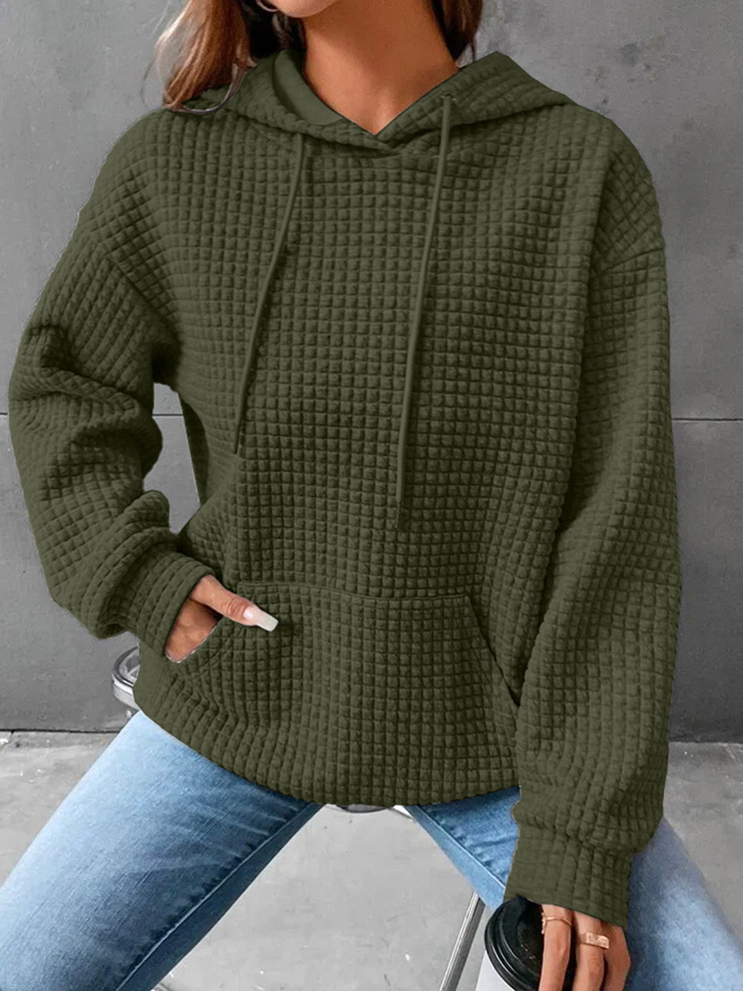 Kvinder Vaffelstruktur Hoodie med Kængurulomme og Casual Fit Stilla