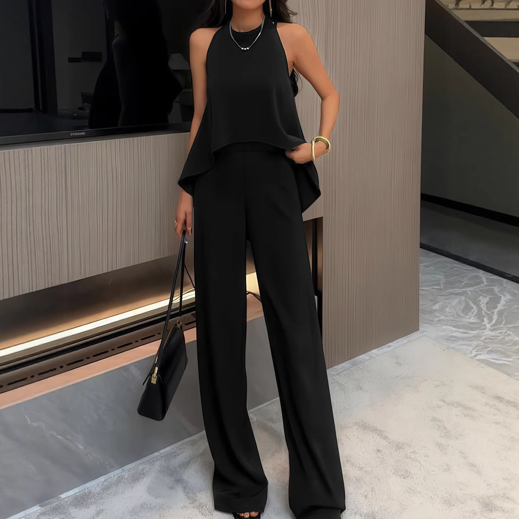Dame stilfuld Two-Piece sæt med moderne asymmetrisk overdel og bred bukseåbning Stilla