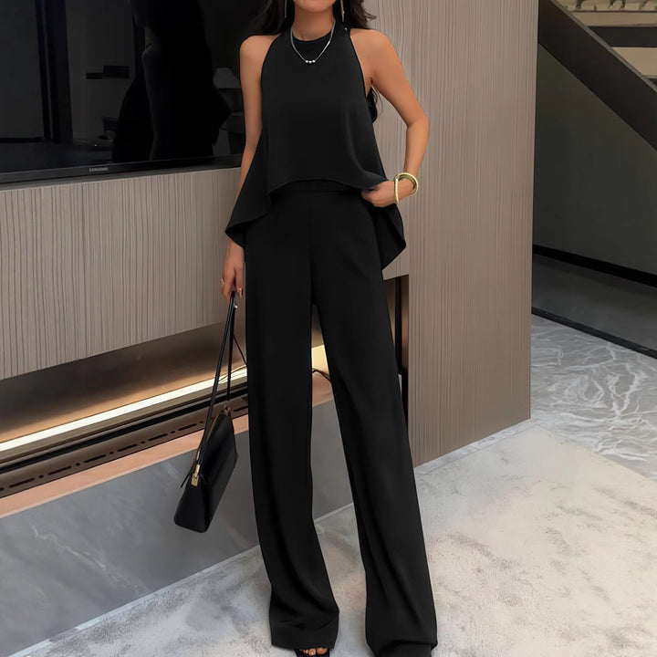 Dame stilfuld Two-Piece sæt med moderne asymmetrisk overdel og bred bukseåbning Stilla
