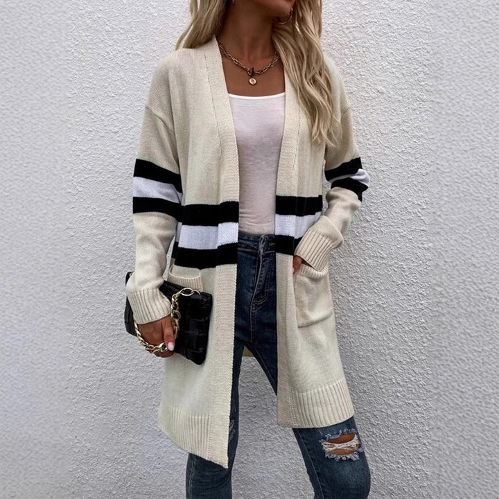 Kvinders chunky strikket cardigan med afslappede striber og dybe lommer Stilla