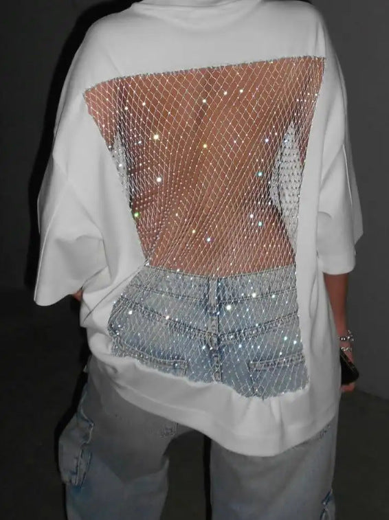 Dame nan Oversize-T-shirt med transparent netbag, strassbesætning og jeansprint Skovae