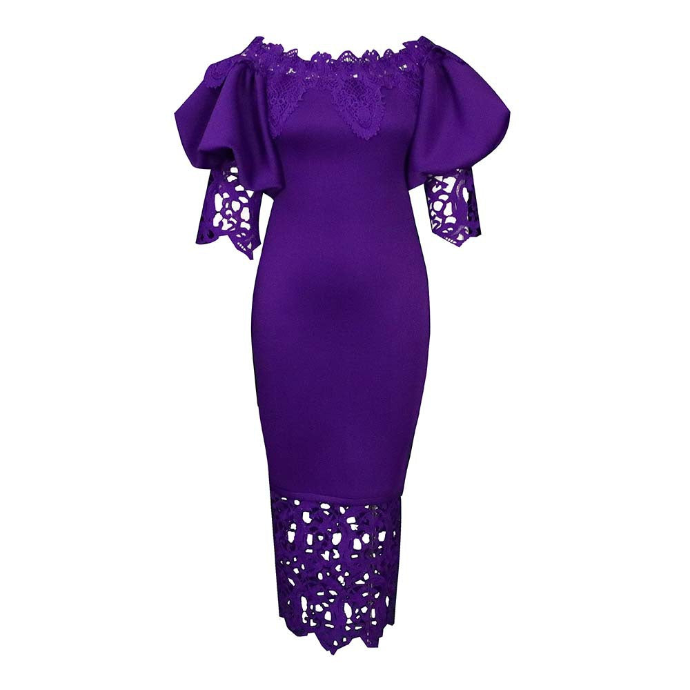Dame figurtilpasset kjole med Off-Shoulder design og blonde ved kanten Stilla