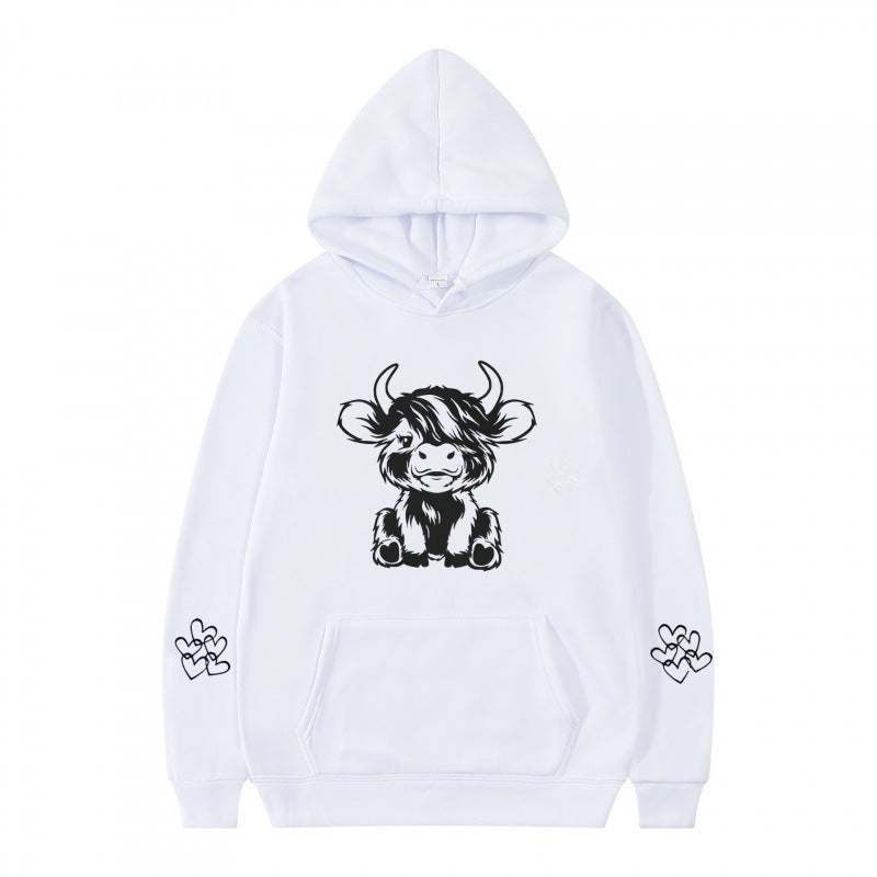 Kvindernes hætte sweatshirt med charmerende kvægmotiv og praktiske kængurulommer Skovae