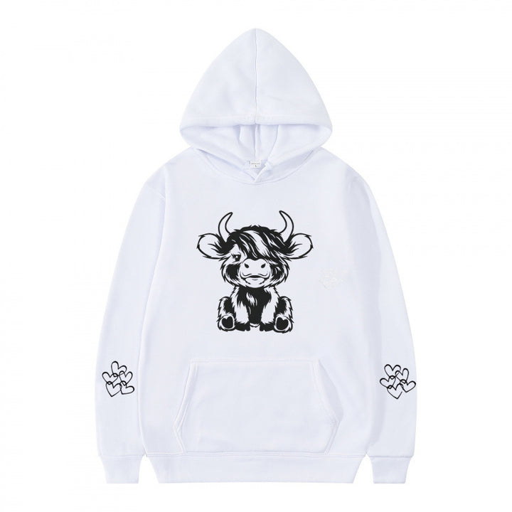 Kvindernes hætte sweatshirt med charmerende kvægmotiv og praktiske kængurulommer Skovae