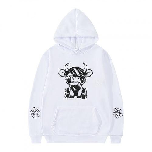 Kvindernes hætte sweatshirt med charmerende kvægmotiv og praktiske kængurulommer Skovae