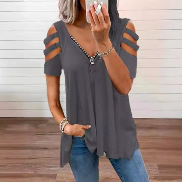 Dame T-shirt med dekorative cut-outs og lynlåsdetalje Stilla