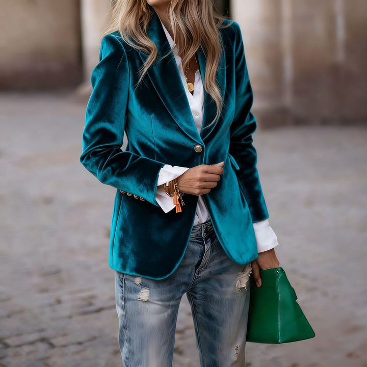 Damer Elegant Fløjl Blazer med Skræddersyet Pasform og Guld Knapper Stilla