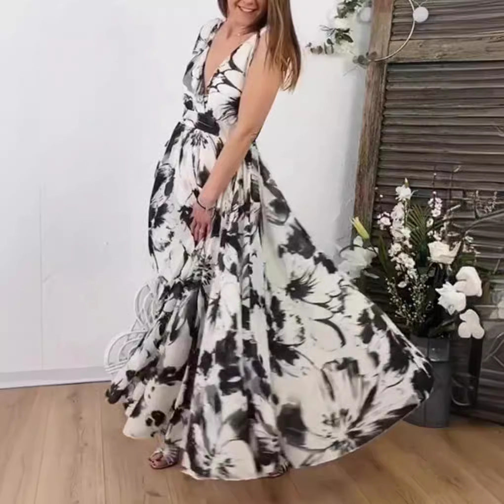 Dame Wickelmaxikjole med dyb V-udskæring og blomsterprint Stilla