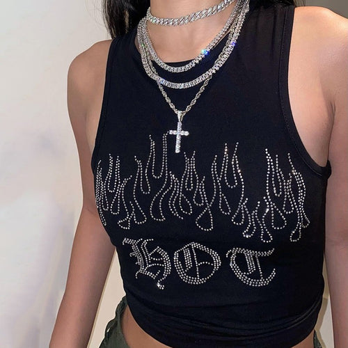 Dame Crop-top med iøjnefaldende flammemotiv og blanke accenter Skovae