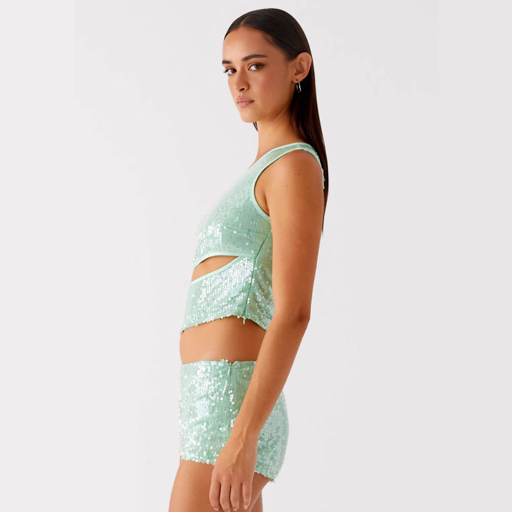 Kvinders glitrende top og shorts sæt Skovae