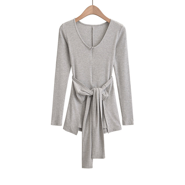 Dame longsleeve-overdel med elegant sløjfebinding og dyb V-udskæring Stilla